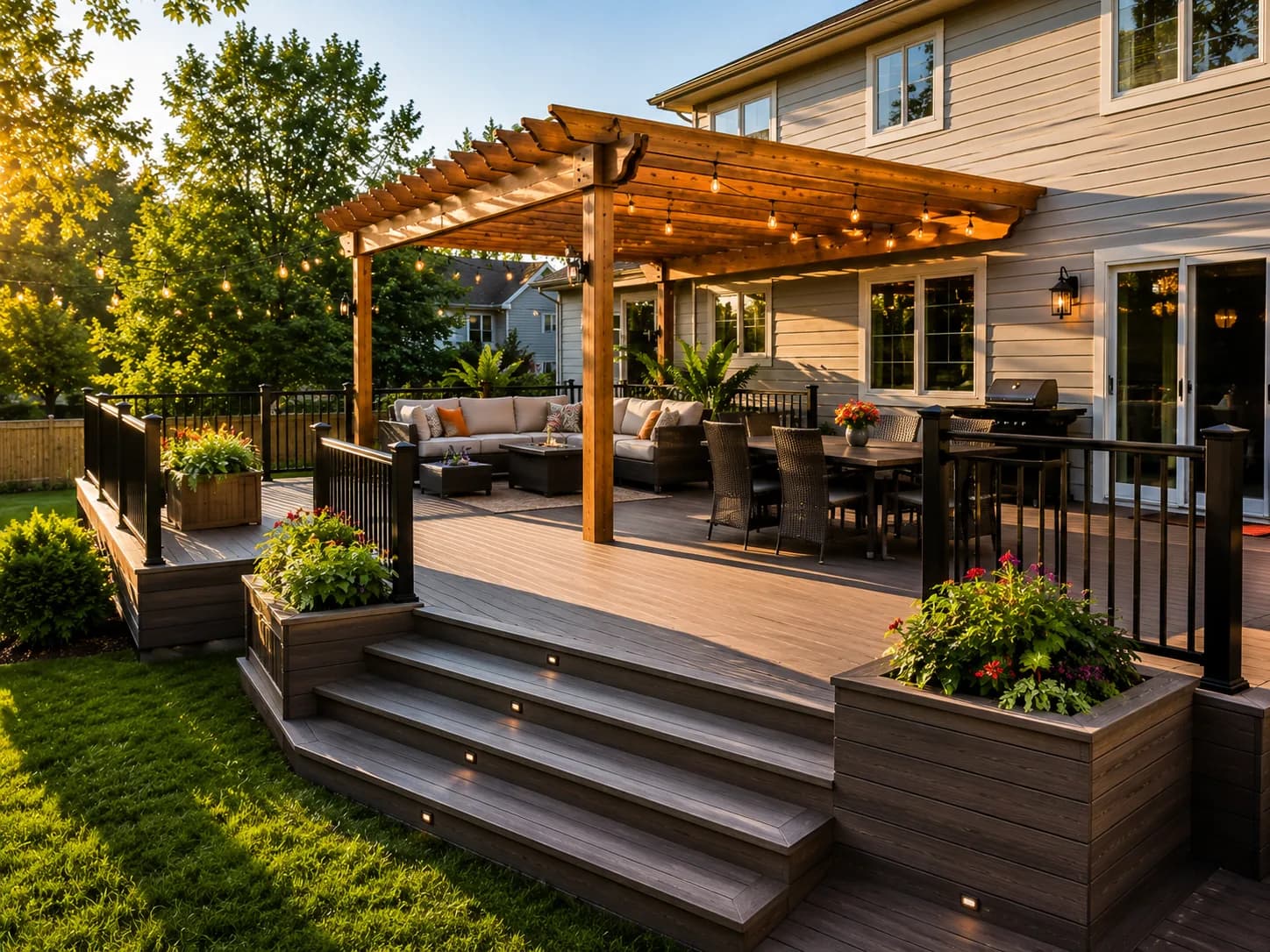 Composite Trex deck with pergola completed by Buffalo Fence & Deck in Williamsville, NY
