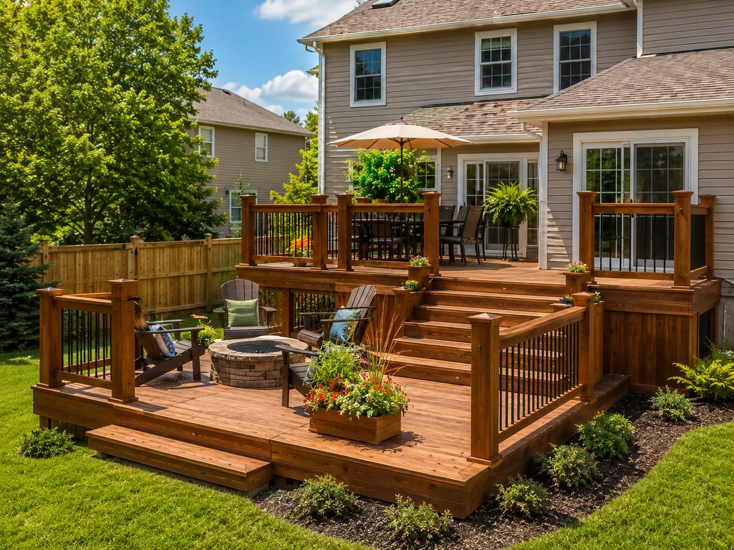 Multi-level cedar deck completed by Buffalo Fence & Deck in Clarence, NY