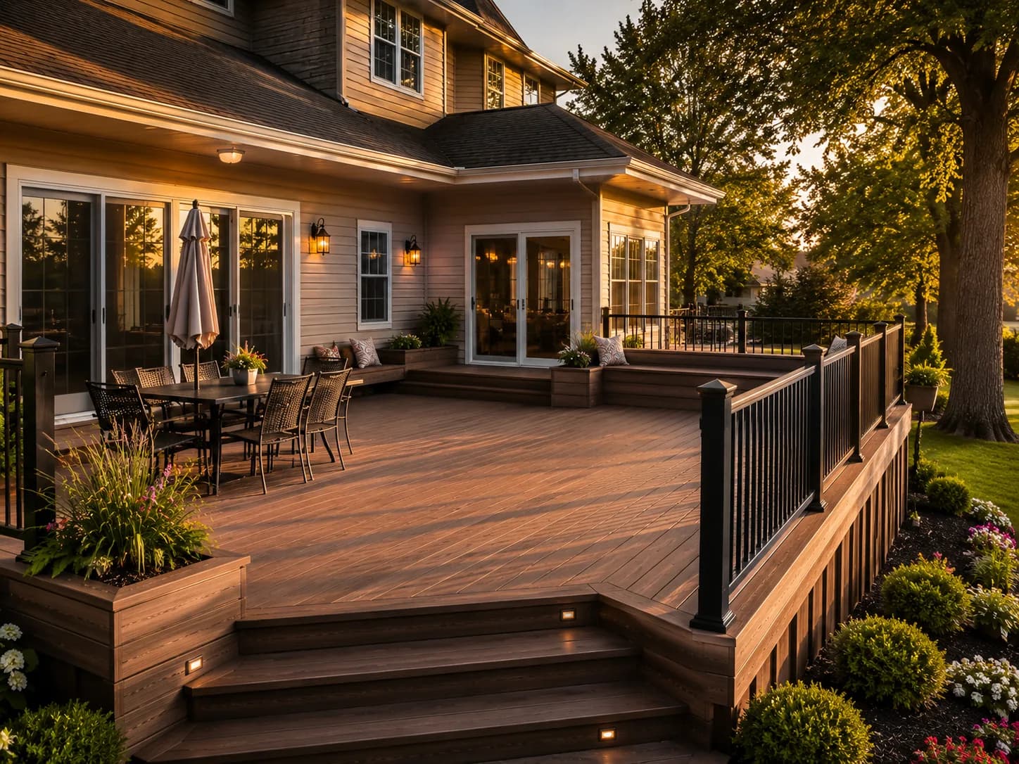 Custom wraparound deck with built-in bench completed by Buffalo Fence & Deck in East Aurora, NY