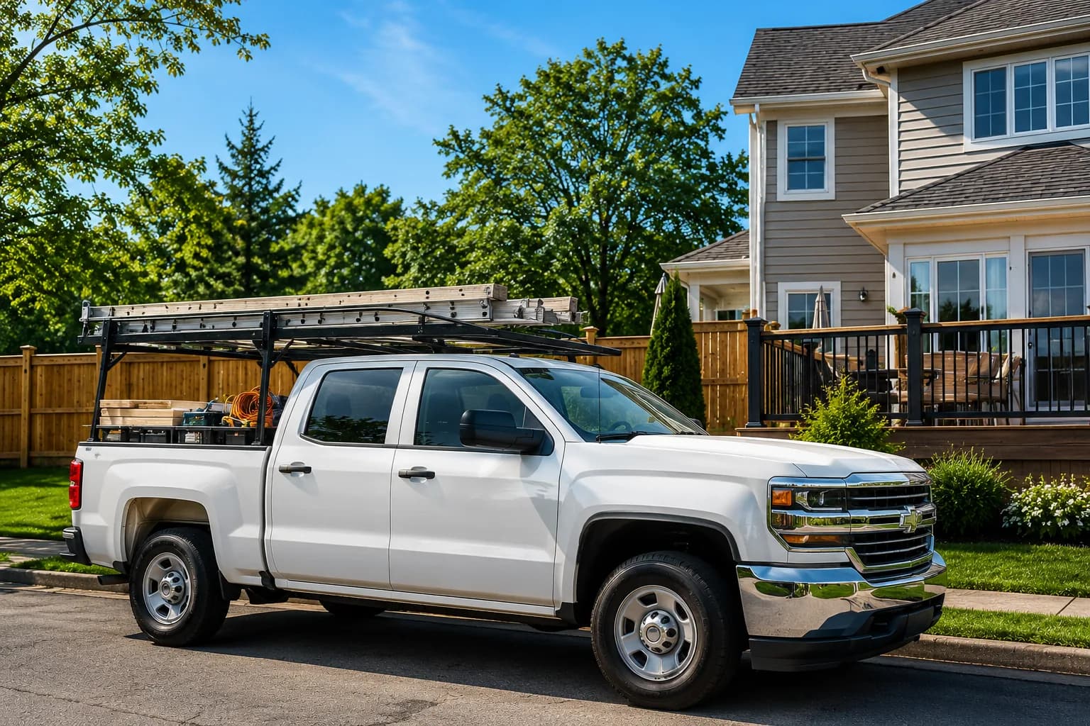 Buffalo Fence & Deck work truck at a completed Buffalo, NY installation
